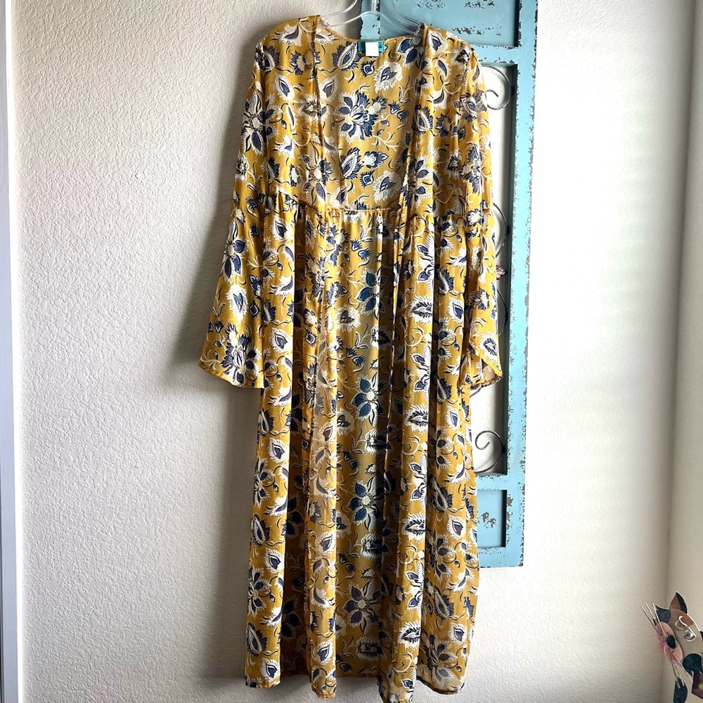 Turquoise Haven Long Sleeve Mustard Yellow Floral Kimono